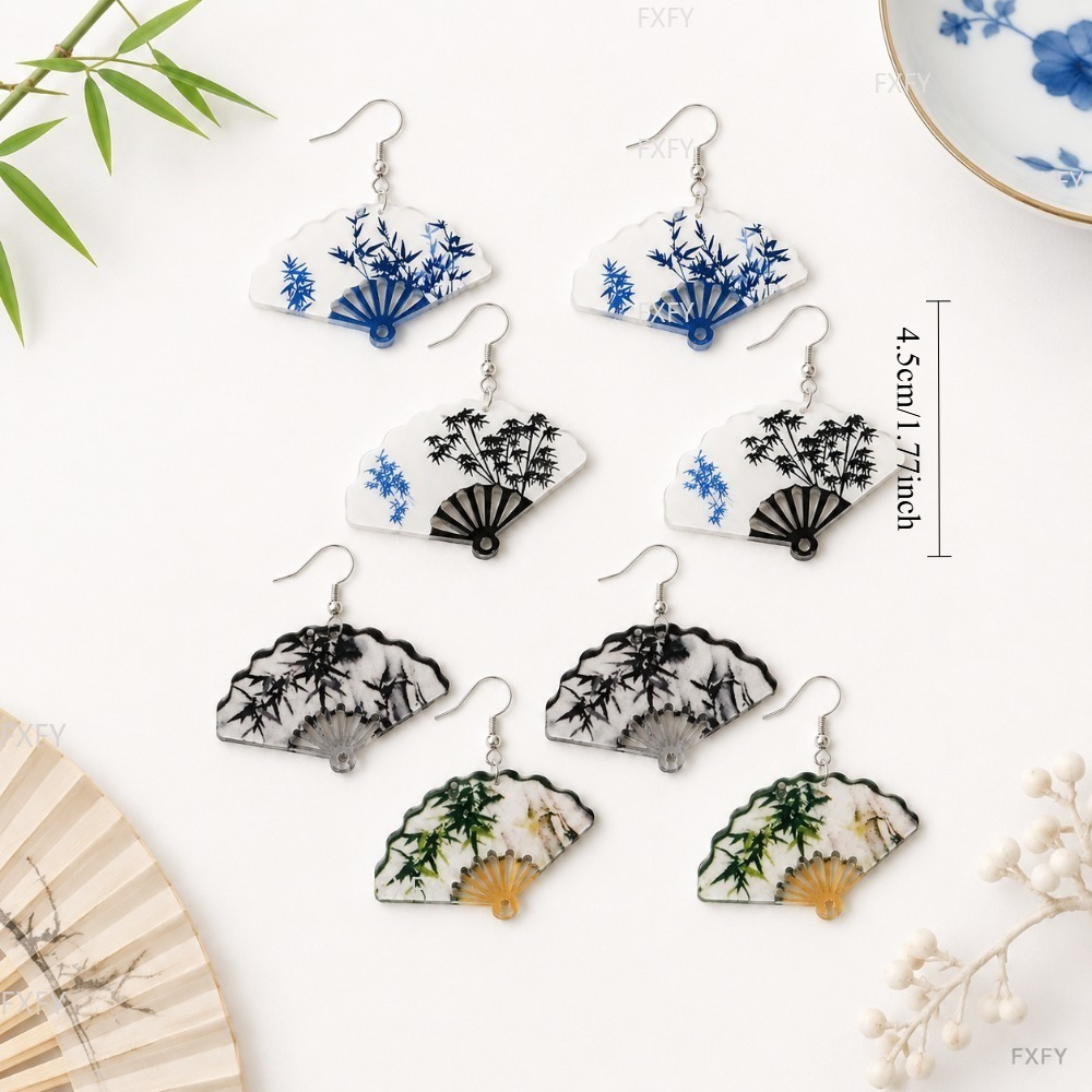 8pcs Chinese Fan-shaped Ink Painting Earring Set